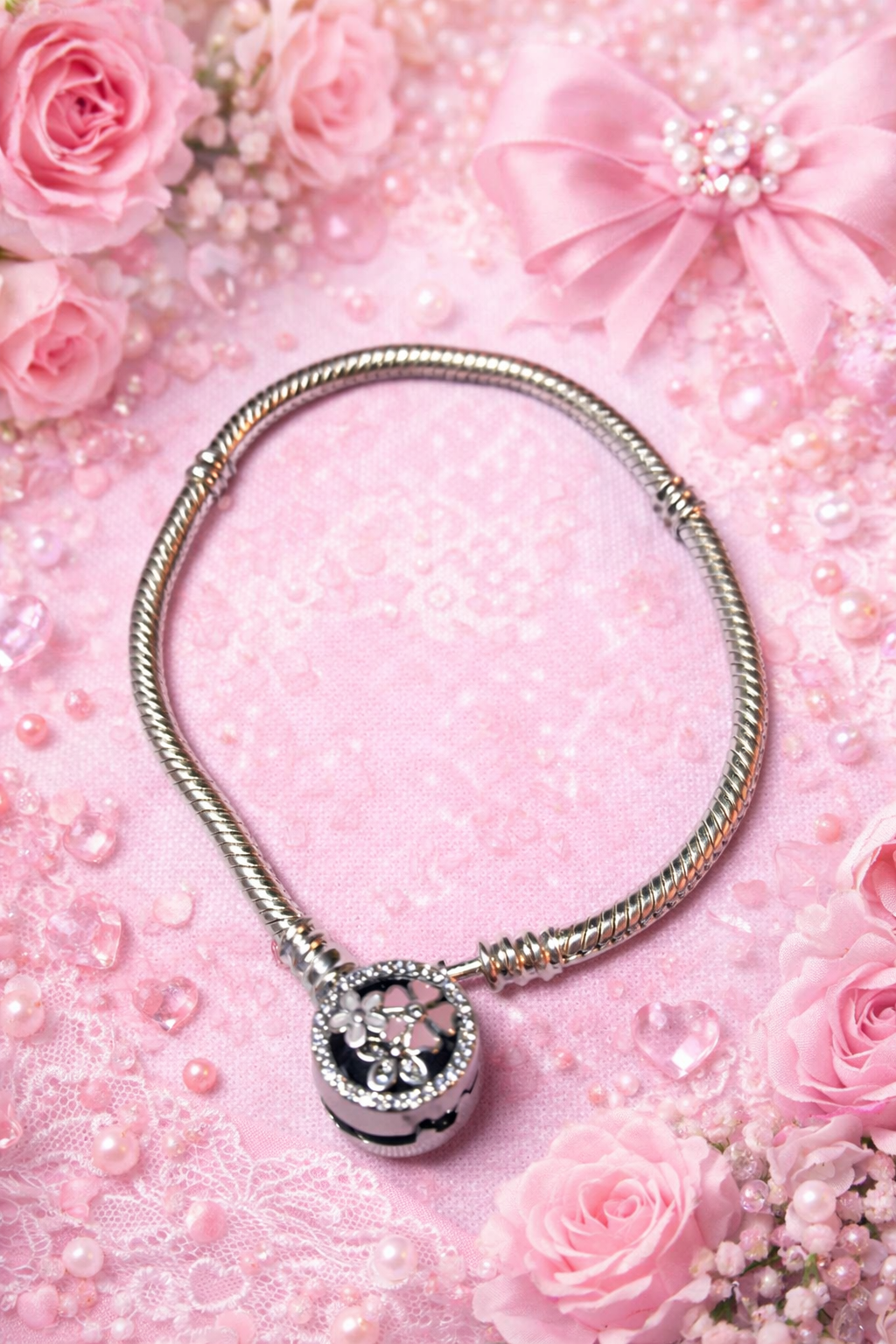 Pulsera tipo Pandora con broche floral brillante