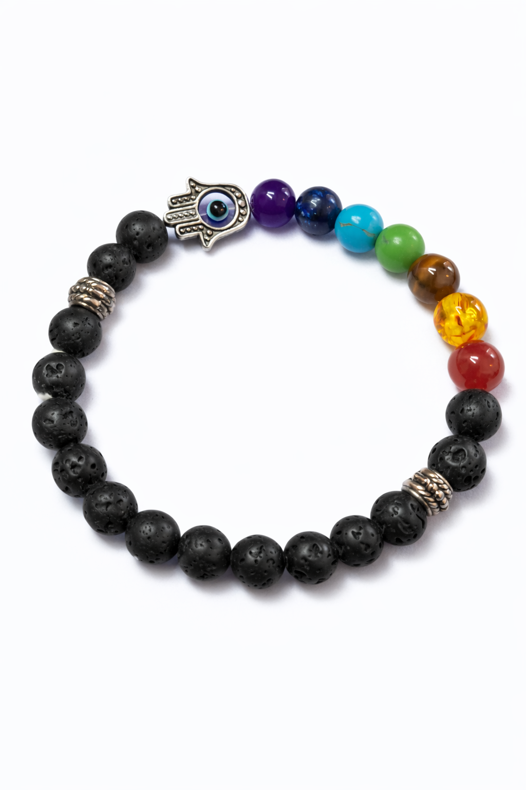 Pulsera Energética de Piedra Volcánica con Mano de Fátima y Chakras