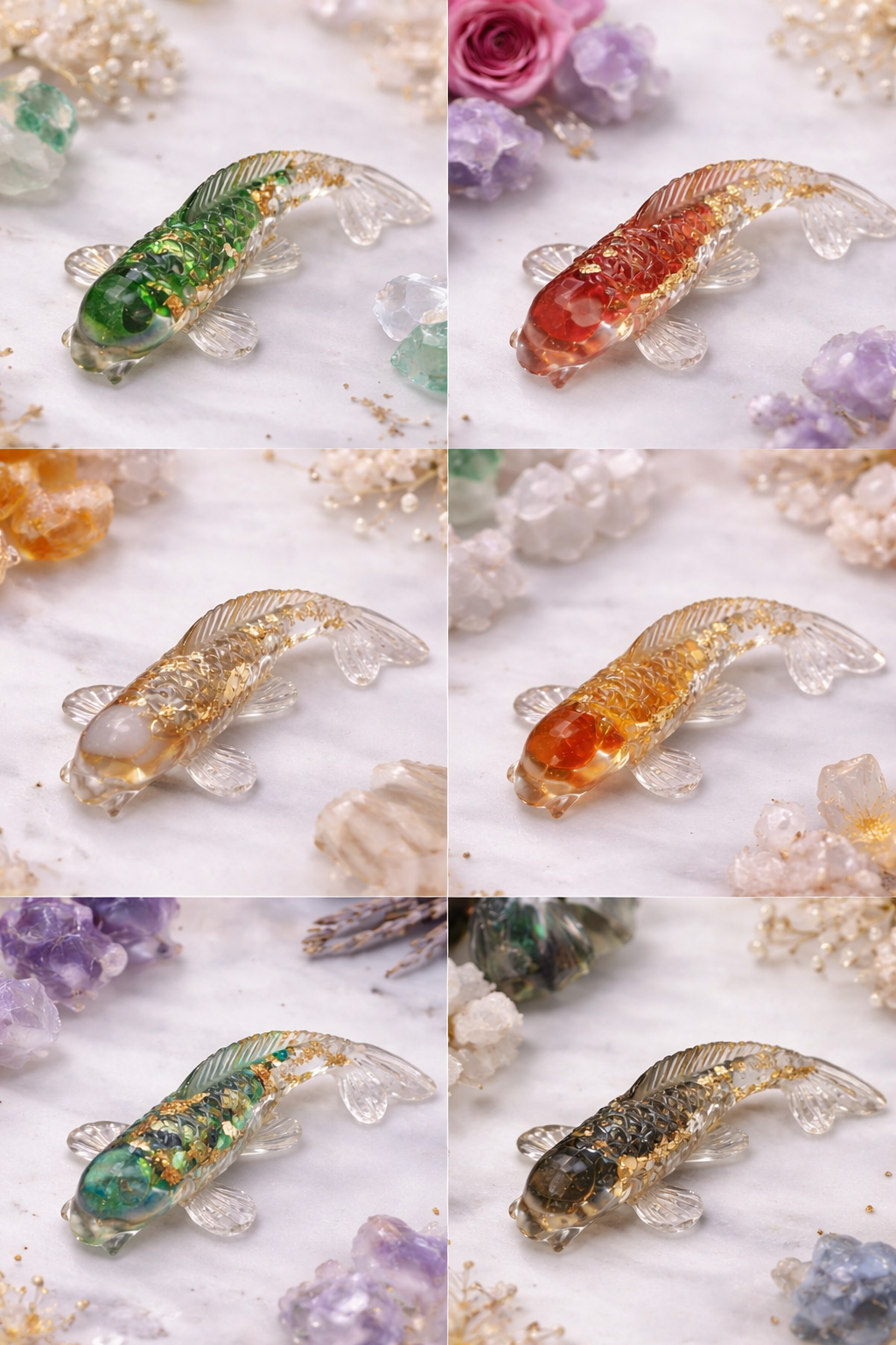 Peces Koi energéticos en resina con minerales y hoja dorada